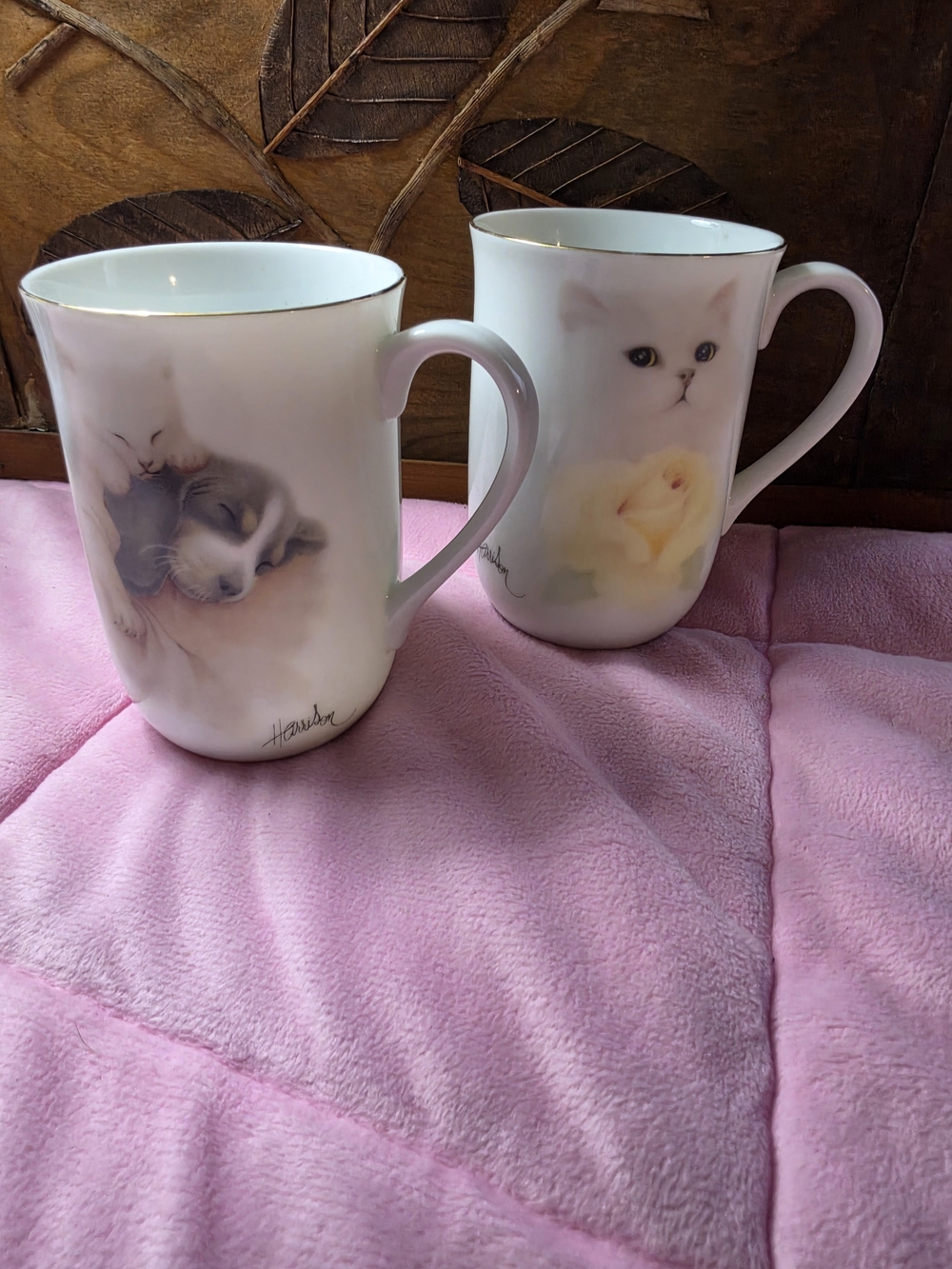 Vintage Otagiri Bob Harrison White Cat Yellow Rose & Puppy Kitten Mugs Set of 2
